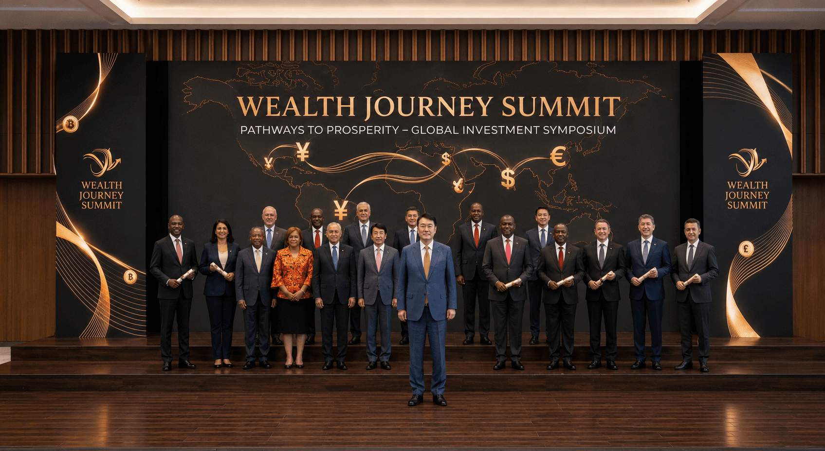 Wealth Journey Summit の会場で、「WEALTH JOURNEY SUMMIT — PATHWAYS TO PROSPERITY, GLOBAL INVESTMENT SYMPOSIUM」と大書された金彩の壁面を背に、両脇の「WEALTH JOURNEY SUMMIT」金縦看板の間で整列する登壇者と招聘客の集合写真